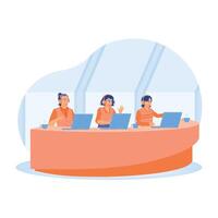 Customer service representatives working in a modern call center setting. vector