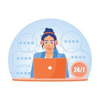 Customer support representatives work 24 7 with headsets and communication icons. vector