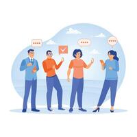 Different groups of people interact digitally using mobile devices. vector