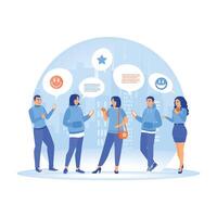 A group of people engaging in an online discussion using mobile devices. vector