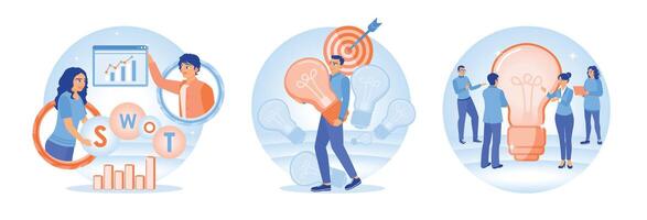 Three illustrations depicting SWOT analysis, idea development, and business teamwork. vector