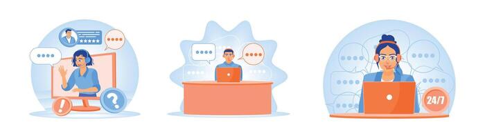 Customer support illustrations representing service desk, chat assistance, and 24 7 availability. vector