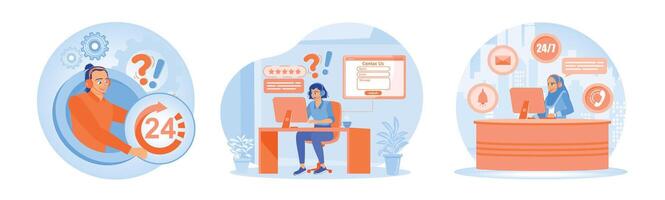 Customer support illustrations depicting communication, service, and 24 7 availability concepts. vector