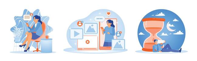 Young people playing on smartphones, sending text messages and interacting on social media apps. vector