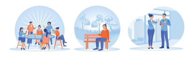 Illustrations depicting business interaction, relaxation, and group collaboration. vector