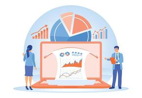 Business team analyzing data with pie charts and graphs on a computer screen. vector
