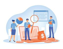 The team analyzes financial data with graphs and reports using technology. vector