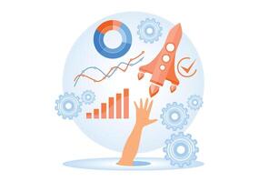 Business growth and innovation progress illustrated with graphs and rockets. vector