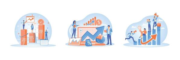 Business concept with charts, teamwork and growth indicators in achieving goals. vector