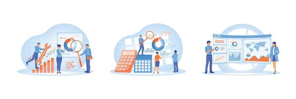 Business data analysis and team collaboration in a modern workspace. vector