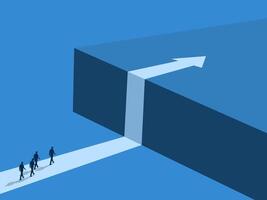 Towards the goal at the obstacle, the business team walks along the guiding arrow vector