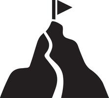 Black and White Illustration of a Mountain with a Flag at the Summit and a Flowing River vector