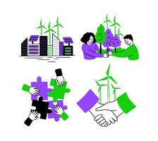 Cartoon Color Eco Friendly Lifestyle Finding Solutions Concept Scenes Set. illustration of Hand of Connection Puzzle vector