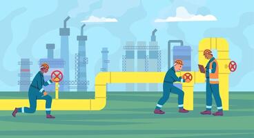 Cartoon Color Characters People Gas Workers Petroleum Pipeline Engineers Concept. vector
