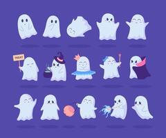 Cartoon Color Various Characters Ghosts Flying Phantoms Set. vector