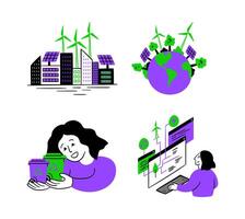 Cartoon Color Eco Friendly Lifestyle Separation and Utilize of Garbage Ecological Concept Scenes Set vector