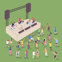 Cartoon Color Popular Band on Stage and Crowd Dancing Around 3d Isometric View. vector