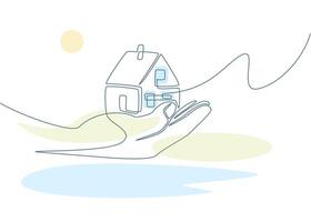 Hand Holding House Model One Continuous Line Drawing Sign Emblem. vector