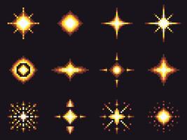 Cartoon Color Pixelated 8 Bit Light Effects Symbol of Energy Icon Set. vector