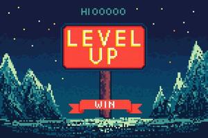 Cartoon Color Pixelated 8 Bit Level Up Screen Background. vector