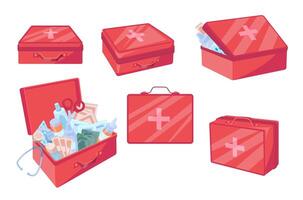 Cartoon Color Different View First Aid Box Set vector