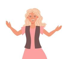 Sincere character. Open-minded excited positive female extrovert. Flat Extraversion, openness, hospitality concept. Illustration isolated on white background vector