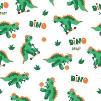 Dinosaurs seamless pattern. Dinosaurs on skateboard and with ball. Suitable for printing on paper and fabric. vector