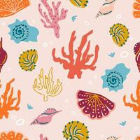 Marine seamless pattern. Underwater world. Shells and corals background. vector