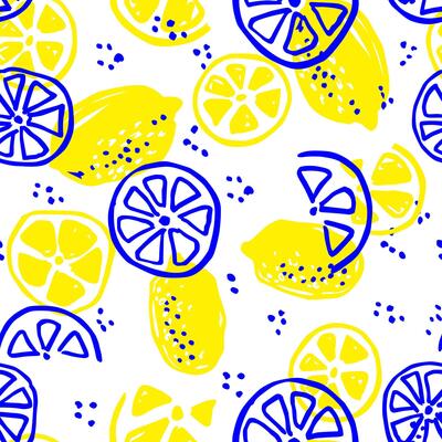 Colorful lemon seamless pattern. For printing on fabric, labels, T-shirt, paper. Fruit sketch.