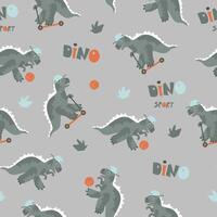 Dinosaurs seamless pattern. Dinosaurs on skateboard and with ball. Flat background. Suitable for printing on paper and fabric. vector