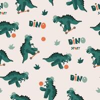 Dinosaurs seamless pattern. Dinosaurs on skateboard and with ball. Flat children background. Suitable for printing on paper and fabric. vector
