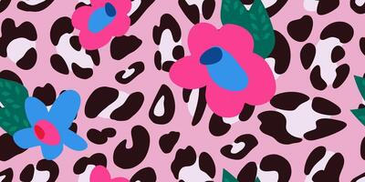 Large abstract flowers on the background of leopard spots. Animalistic print. seamless pattern for printing on fabric and paper. vector