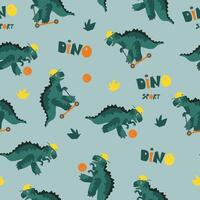 Dinosaurs seamless pattern. Dinosaurs on skateboard and with ball. Flat background. vector
