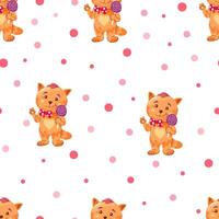 Cat with lollipop, polka dot seamless pattern. Suitable for printing on fabric and paper. vector