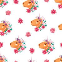 Cute unicorn capybara with flowers seamless pattern. For printing on T-shirt and paper. vector