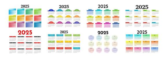 Set of eight calendars for 2025 isolated. Sunday to Monday, business template. illustration vector