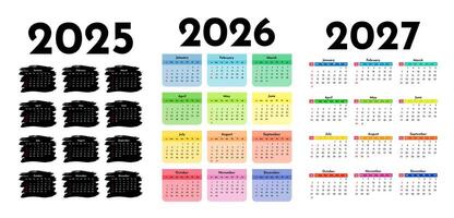 Set of three vertical calendars for 2025, 2026 and 2027 isolated on a white background. Sunday to Monday, template. illustration vector