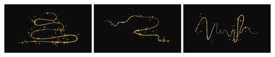 Gold glittering confetti wave and stardust. Set of three backdrops with golden sparkles. illustration vector