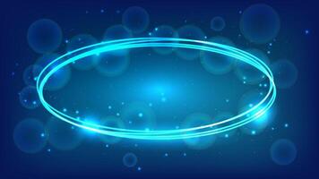 Neon oval frame with shining effects and sparkles on dark background. Empty glowing techno backdrop vector