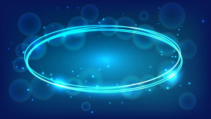 Neon oval frame with shining effects and sparkles on dark background. Empty glowing techno backdrop