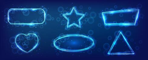 Set of six neon frames in different geometric forms with shining effects and sparkles on dark background. Empty glowing techno backdrop. illustration vector