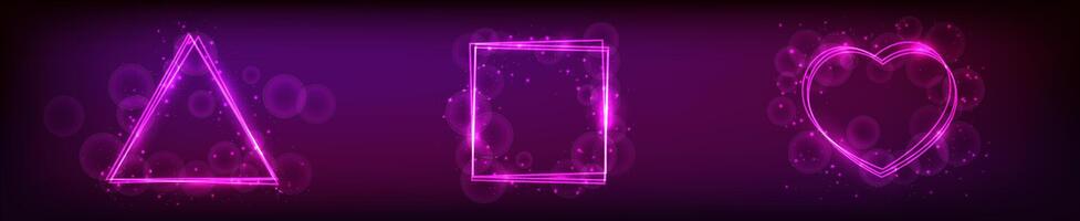 Set of three neon frames with shining effects and sparkles on dark background. Empty glowing techno backdrop vector