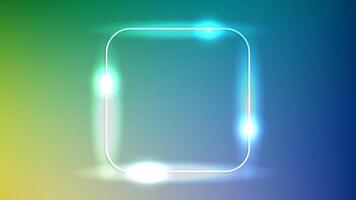 Neon rounded square frame with shining effects on dark green background. Empty glowing techno backdrop. illustration vector