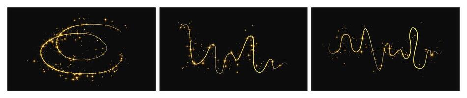 Gold glittering confetti wave and stardust. Set of three backdrops with golden magical sparkles on dark background. illustration vector