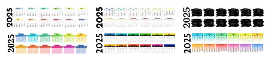 Set of six horizontal calendars for 2025 isolated on a white background. Sunday to Monday. illustration vector