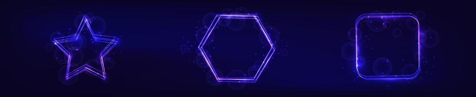 Set of three neon frames with shining effects and sparkles on dark background. Empty glowing techno backdrop. illustration vector
