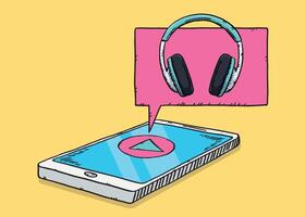 Illustration of a smartphone with a music app on the screen and a cloud with a headphone icon. Sketch style illustration. vector
