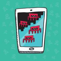 Hand drawn illustration of a mobile phone attacked by viruses erasing its memory. Sketch style. vector