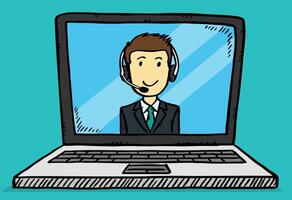 Cartoon style, colorful animation of customer service support man, that shows up on the notebook screen. Talking animation is in easy to edit loop vector