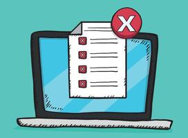Hand drawn doodle illustration of checklist with all bad answers on laptop screen vector